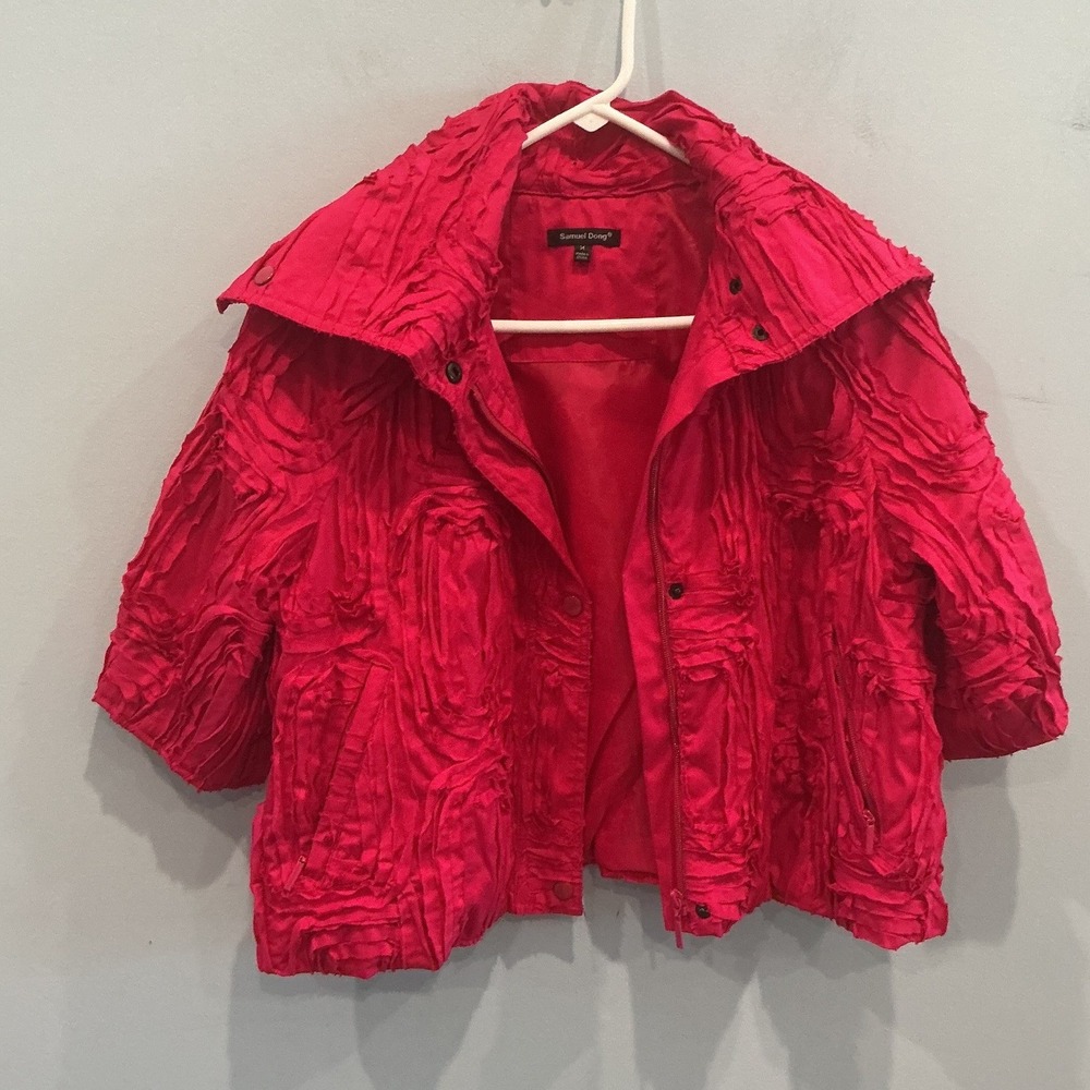 Samuel Dong Womens Cotton Jacket M Bright Pink Textured Ribbon Art To Wear Indie